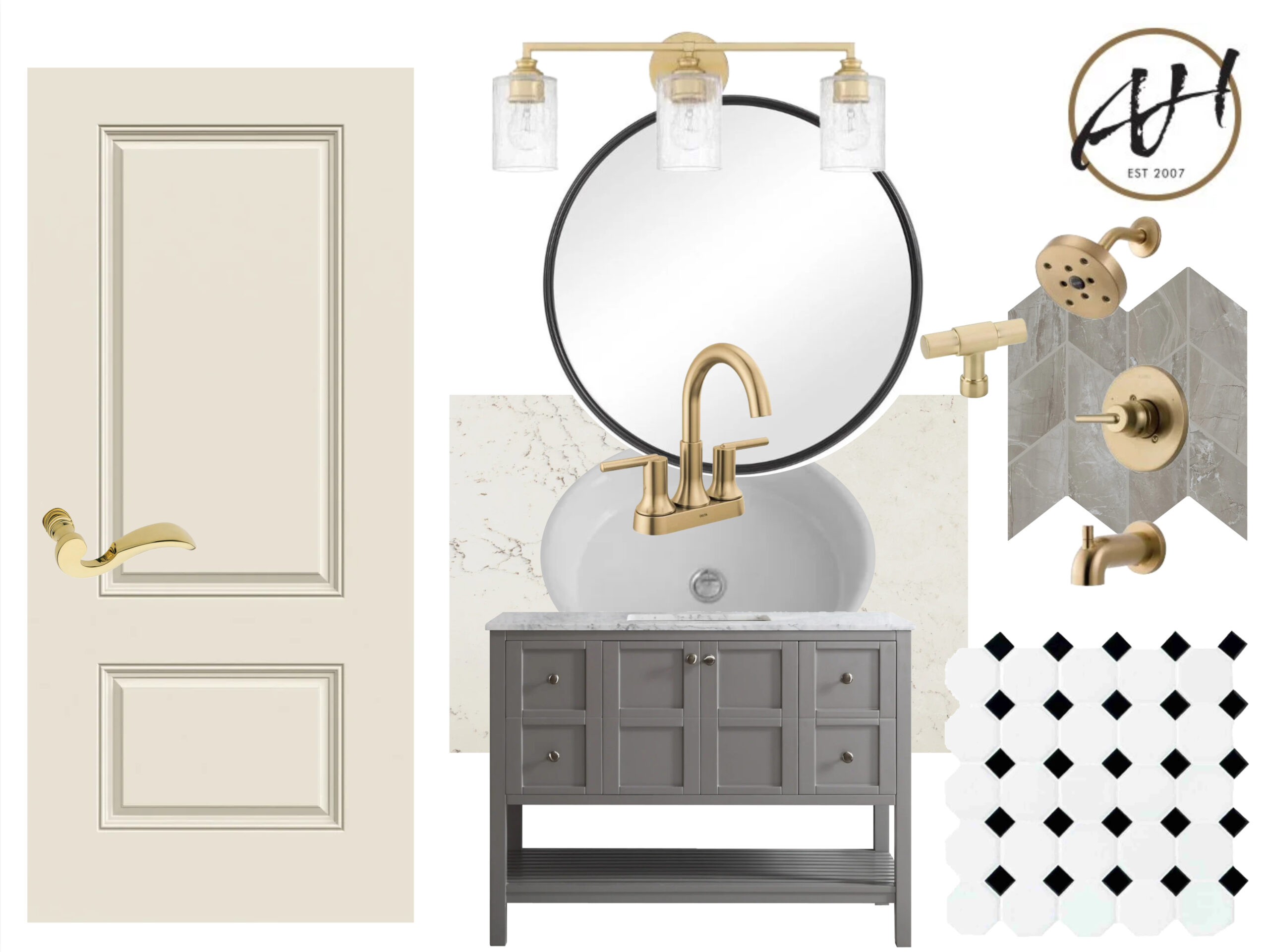 Bathroom design mood board with a gray vanity, round mirror, brass fixtures, and tile samples